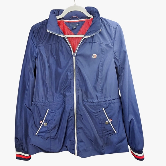 Tommy Hilfiger Navy Blue, Red, & White Hooded Nautical Windbreaker Jacket - Picture 1 of 11